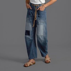 Loose Fit Straight Leg patchwork Jeans with Drawstring 3555